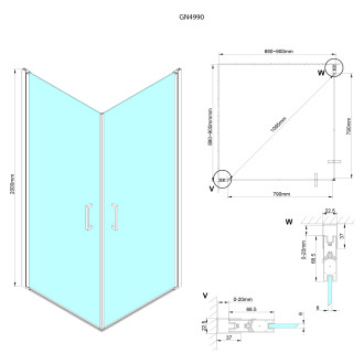 LORO čtvercový sprchový kout 900x900 mm, rohový vstup GN4990-01