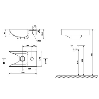 PICCOLINO betonové umývátko 30,8x17cm, baterie vpravo, antracit PK30516