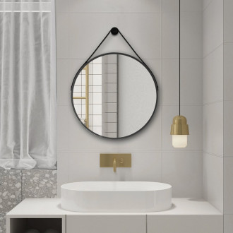 STAGO kulaté zrcadlo 60cm, kožený pásek, černá mat SG065