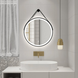 STAGO kulaté zrcadlo s LED osvětlením 60cm, kožený pásek, dotykový senzor, černá mat SG060
