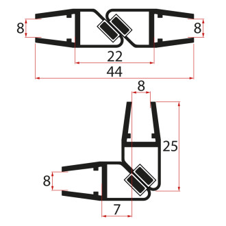 Set magnetických těsnění 45°pro sklo 8/8mm , 2000mm, černá