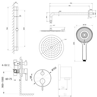 ICONIC podomítkový sprchový set s pákovou baterií, držák sprchy, černá mat AF042B-02