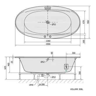 STADIUM hydromasážní vana, 190x95x46cm, Active Hydro-Air, chrom