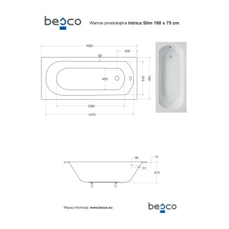 BESCO vana INTRICA SLIM 160 (1600x750 mm), bez nožiček VANINTRICA160SL