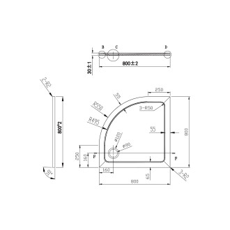 KLARA - vanička z litého mramoru, čtvrtkruh 800x800x30 mm, R550, bez noh , VANKCTVRT80