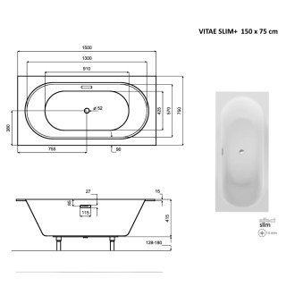 BESCO vana VITAE SLIM PLUS 150 (1500x750 mm), bez nožiček VANVIT15SLIMPLU