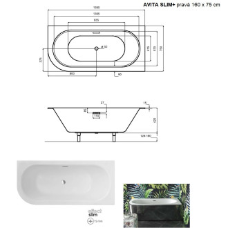 BESCO vana AVITA SLIM PLUS 160 1600x750 mm, pravé provedení, bez nožiček VANAVIT16SLIMPP