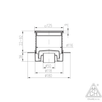 Podlahová vpusť spodní D50, límec, nerez rámeček, mřížka STEEL S1 420 L