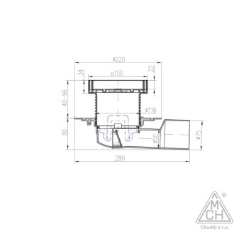 Podlahová vpusť průběžná D50/75, nerez rámeček, mřížka STEEL S 427 A
