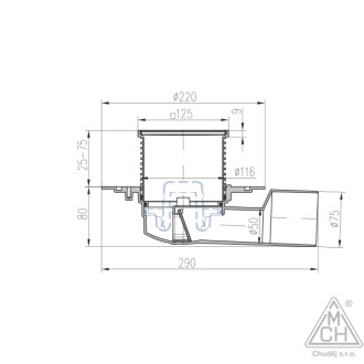 Podlahová vpusť boční D50/75, nerez rámeček, mřížka STEEL S 388 A