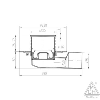 Podlahová vpusť boční D50/75 NEPTUN, nerez rámeček, mřížka STEEL S1 388 A X
