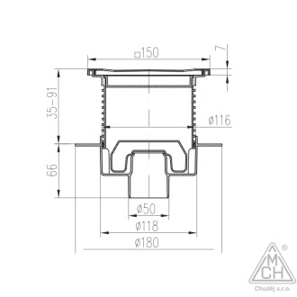Podlahová vpusť spodní D50, NEPTUN, límec, nerez rámeček, mřížka FACE F1 420 N X L