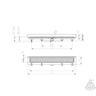 Podlahový linear. žlab ke stěně 850 mm,boční D40,klasik/floor mat CH 850 K 3