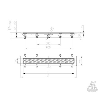 Podlahový linear. žlab 350 mm,boční D40,klasik/floor lesk s nerez. rámečkem CH 350 KN