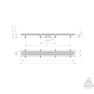 Podlahový linear. žlab 650 mm,spodní D40,klasik/floor mat,nerez rámeček CH 650/S40 KN 1