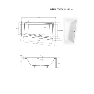 BESCO vana INTIMA 150 (1500x850 mm), pravé provedení, bez nožiček VANINTI15P