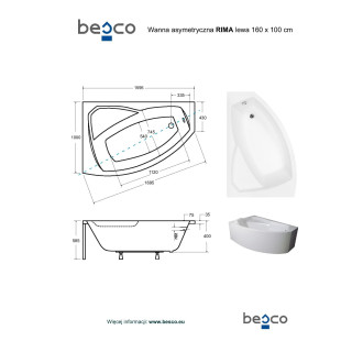 BESCO vana RIMA 160 (1600x1000 mm), levé provedení, bez nožiček VANRIM160L
