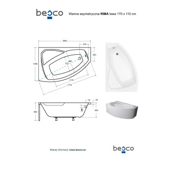 BESCO vana RIMA 170 (1700x1100 mm), pravé provedení, bez nožiček VANRIM170L