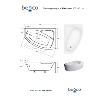 BESCO vana RIMA 130 (1300x850 mm), pravé provedení, bez nožiček VANRIM130P