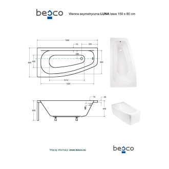 BESCO vana LUNA 150 (1500x800 mm), levé provedení, bez nožiček VANLUN150L