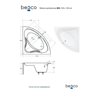 BESCO vana MIA 130 (1300x1300 mm), bez nožiček VANMIA130