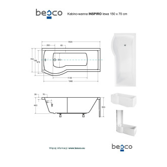 BESCO  vana INSPIRO 150 1500x700 mm, včetně vanové zástěny, levé, bez noh VANINSPIR150L