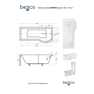 BESCO  vana INSPIRO 150 1500x700 mm, včetně vanové zástěny, pravé, bez noh VANINSPIR150P