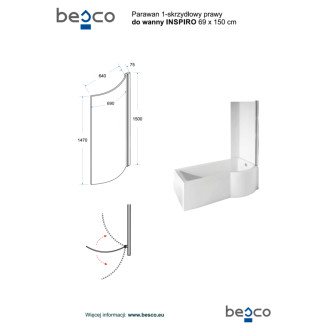 BESCO  vana INSPIRO 150 1500x700 mm, včetně vanové zástěny, pravé, bez noh VANINSPIR150P