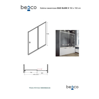 BESCO DUO SLIDE II, vanová zástěna, 150 × 150 cm, chrom, čiré sklo BCDUSL150CC