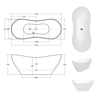 BESCO vana volně stojící VIYA 1600x700 mm, bílá barva, litý mramor VANAND16W
