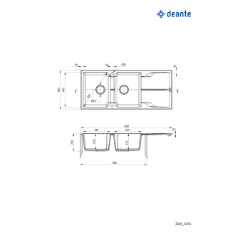 DEANTE ANDANTE ZQN_N213 Dvojdřez s odkapem 1160x500x224, granit černá