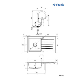 DEANTE ZORBA ZQZV7113 Jednodřez s odkapem 760x440x150, granit písek + baterie Nemezja