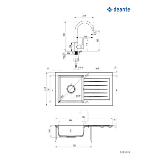 Deante SET ZQZVT113 Jednodřez s odkapem + baterie, metalický antracit