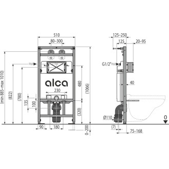 ALCA  A108F/1100 Montážní rám s nádržkou pro výlevku s odpadem DN90/110 a baterii