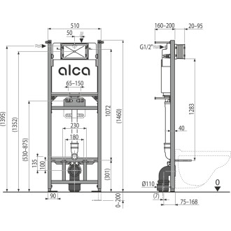 ALCA  A108F/1500 Montážní rám s nádržkou pro výlevku s odpadem DN90/110 a baterii