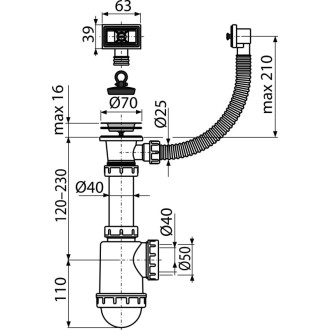 ALCA  A444-DN50/40 Sifon dřezový s nerezovou mřížkou DN70 a flexi přepadem