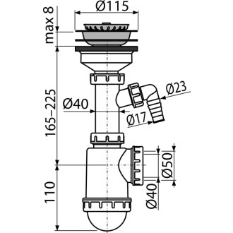 ALCA  A446P-DN50/40 Sifon dřezový s nerezovou mřížkou DN115 a přípojkou