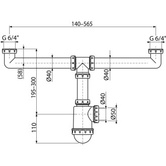 ALCA  A448-DN50/40 "Sifon pro dvoudřez s převlečnými maticemi 6/4"""