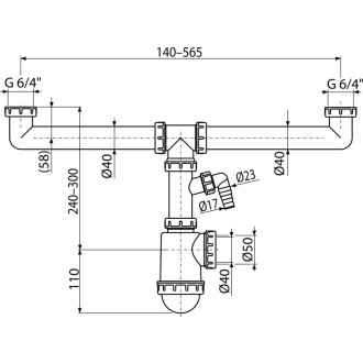 ALCA  A448P-DN50/40 "Sifon pro dvoudřez s převlečnými maticemi 6/4"" a přípojkou"