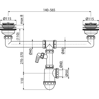 ALCA  A453P Sifon pro dvoudřez s nerezovými mřížkami DN115 a přípojkou