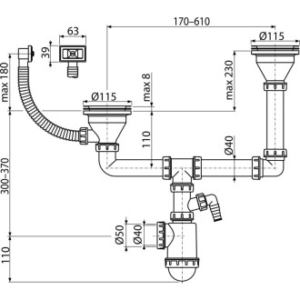 ALCA A456P Sifon pro dvoudřez s nerezovými mřížkami DN115 dvouúrovňový s přep. a přípojkou