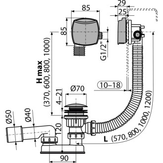 ALCA  A509CKM Sifon vanový CLICK/CLACK s napouštěním přepadem pro silnostěnné vany, chrom