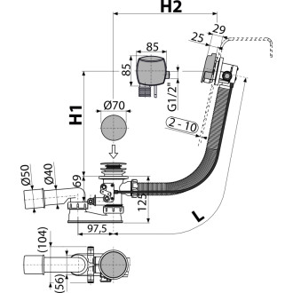 ALCA  A566-273133-100 Sifon vanový s napouštěním přepadem pro hydromasážní vany, kov