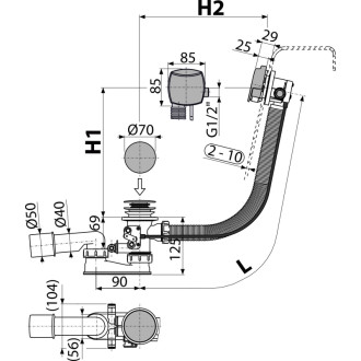 ALCA  A566-273133-57 Sifon vanový s napouštěním přepadem pro hydromasážní vany, kov