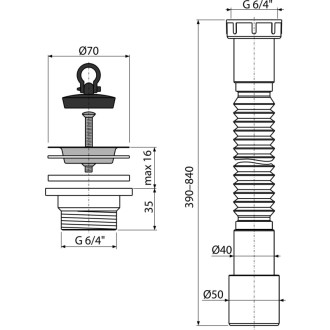 ALCA  A770+A33 Flexi připojení 6/4"×40/50 plast + Výpusť 6/4" s nerezovou mřížkou DN70