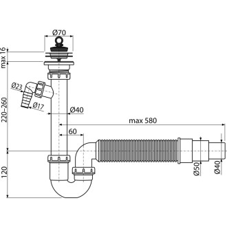 ALCA  A830-DN50/40 Sifon trubkový s nerezovou mřížkou DN70, přípojkou a flexi hadicí