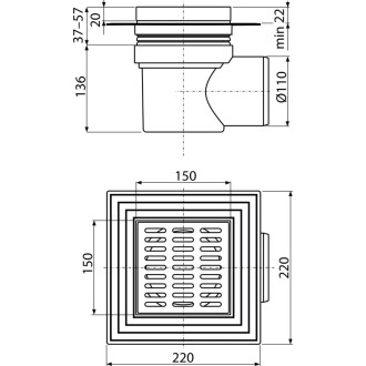 ALCA  APV12 Podlahová vpust 150×150/110 mm boční, vodní zápachová uzávěra