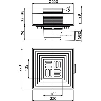 ALCA  APV1324 Podlahová vpust 105×105/50 mm boční, mřížka nerez, zápachová uzávěra SMART