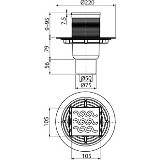 ALCA  APV202 Podlahová vpust 105×105/50/75 mm přímá, mřížka nerez, vodní zápachová uzávěra
