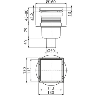 Podlahová vpust 130×130 mm přímá, oboustranná nerezová mřížka, vodní zápachová uzávěra